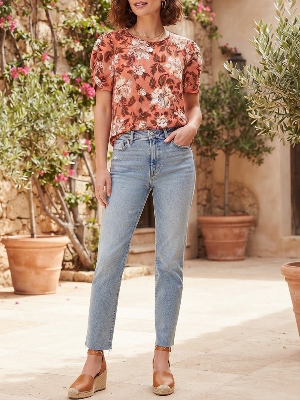 🔥 $10 DEAL! LOFT Floral Puff Sleeve Blouse - Rust Orange❤️